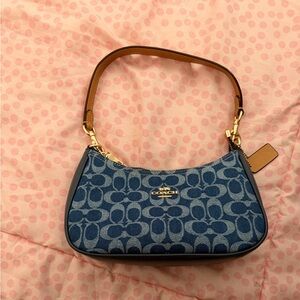 Coach Blue Signature Jacquard Shoulder Bag with Tan Strap